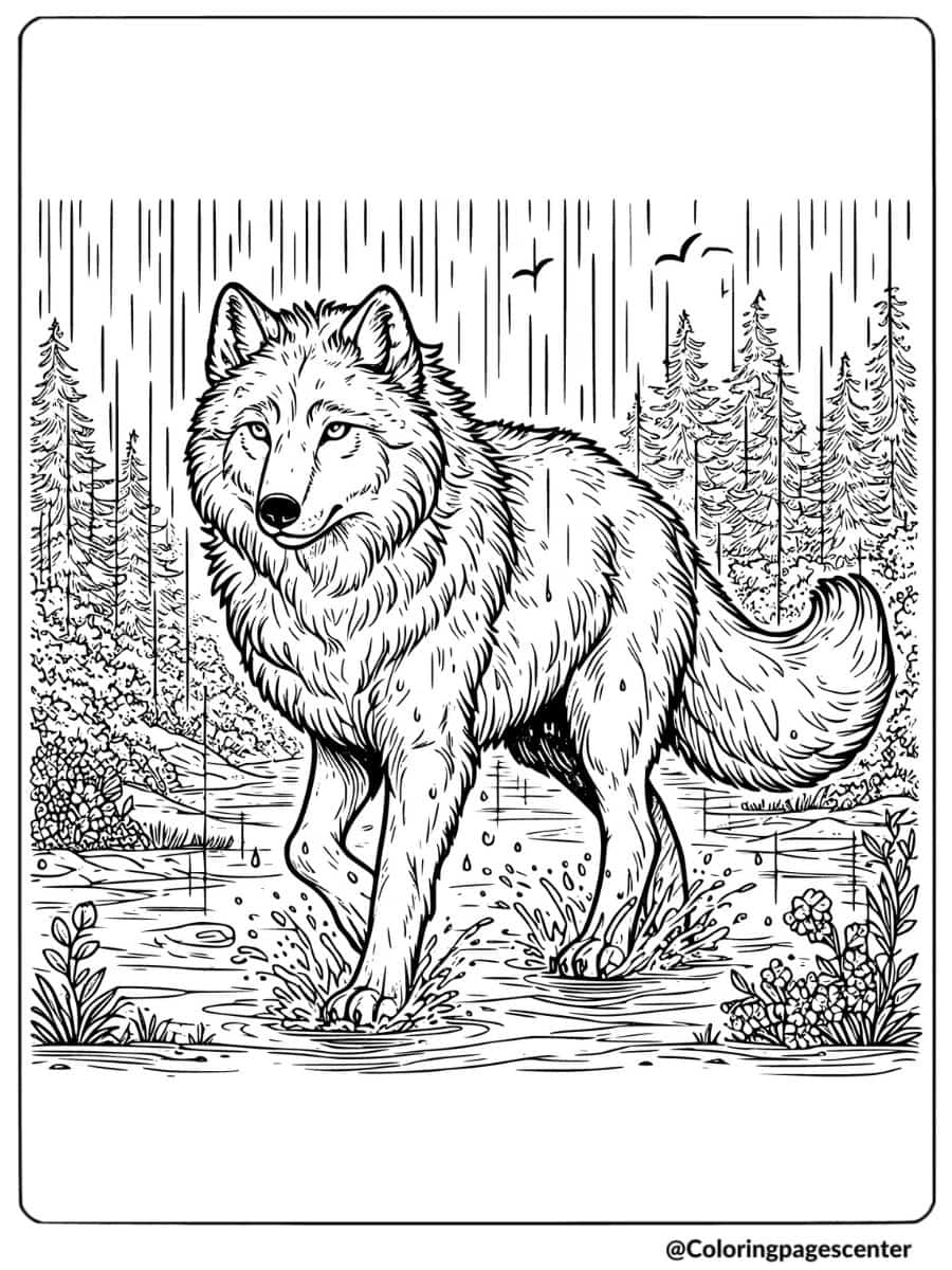 Wolf walking through the rain coloring page