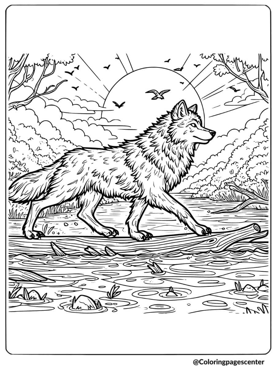 Wolf walking on a log over a river coloring page