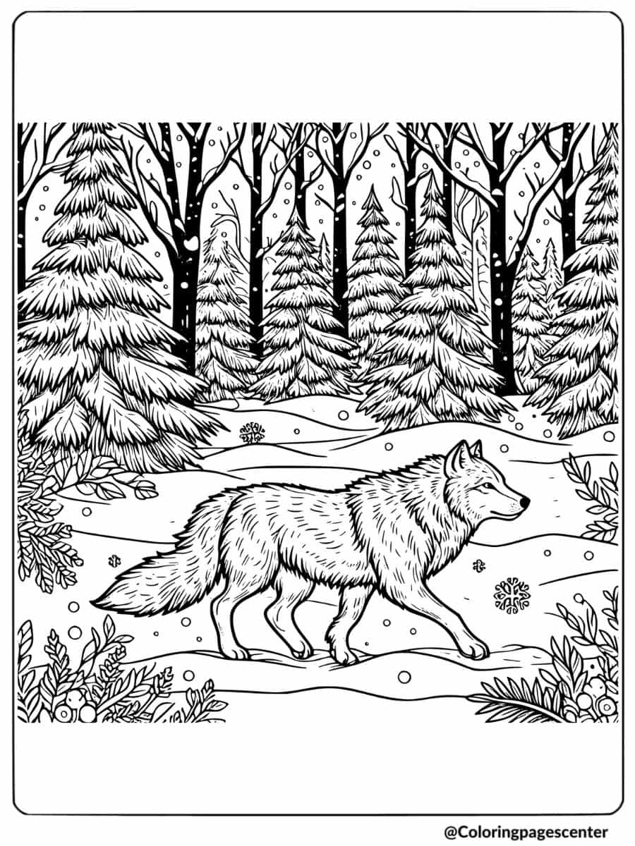 Wolf walking in a snow-covered forest coloring page