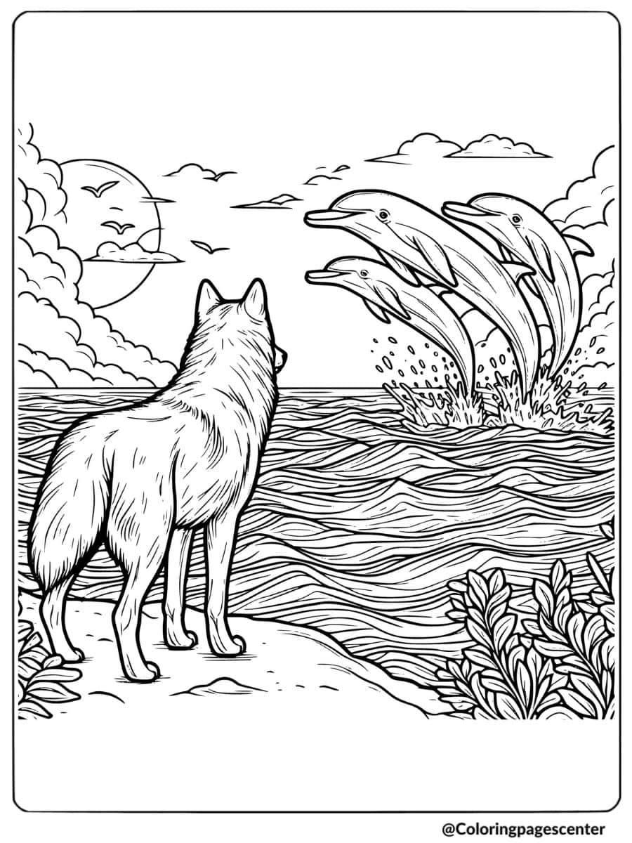 Wolf watching dolphins jump in the ocean coloring page