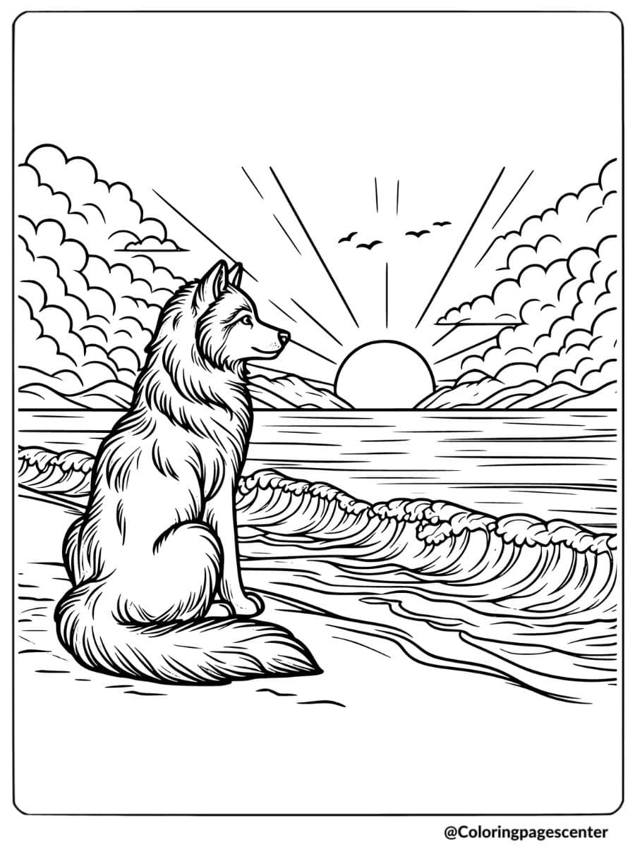 Wolf sitting on the beach at sunset coloring page