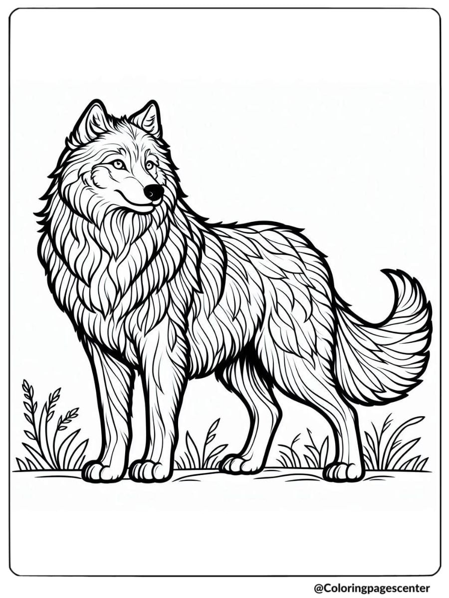 Elegant wolf with intricate fur details coloring page