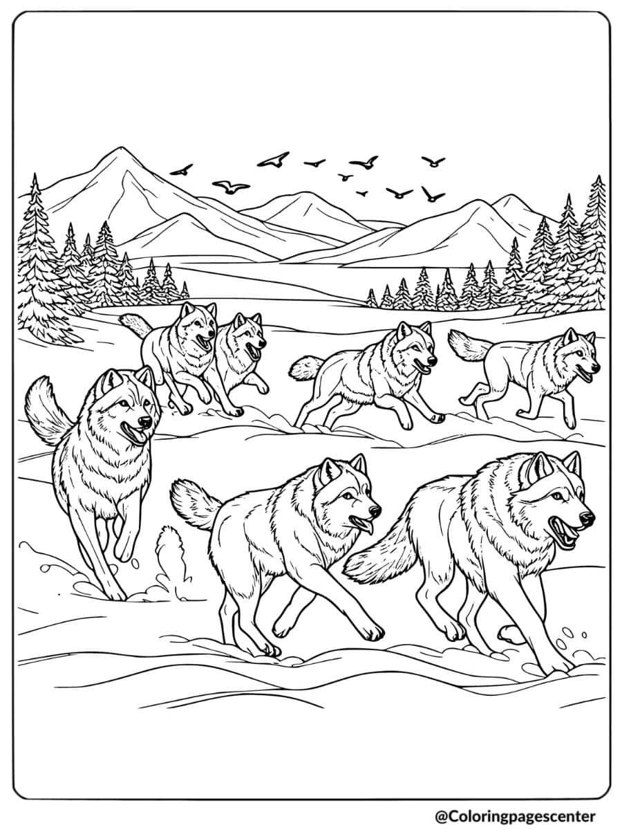 Snowy scene with wolves running coloring page