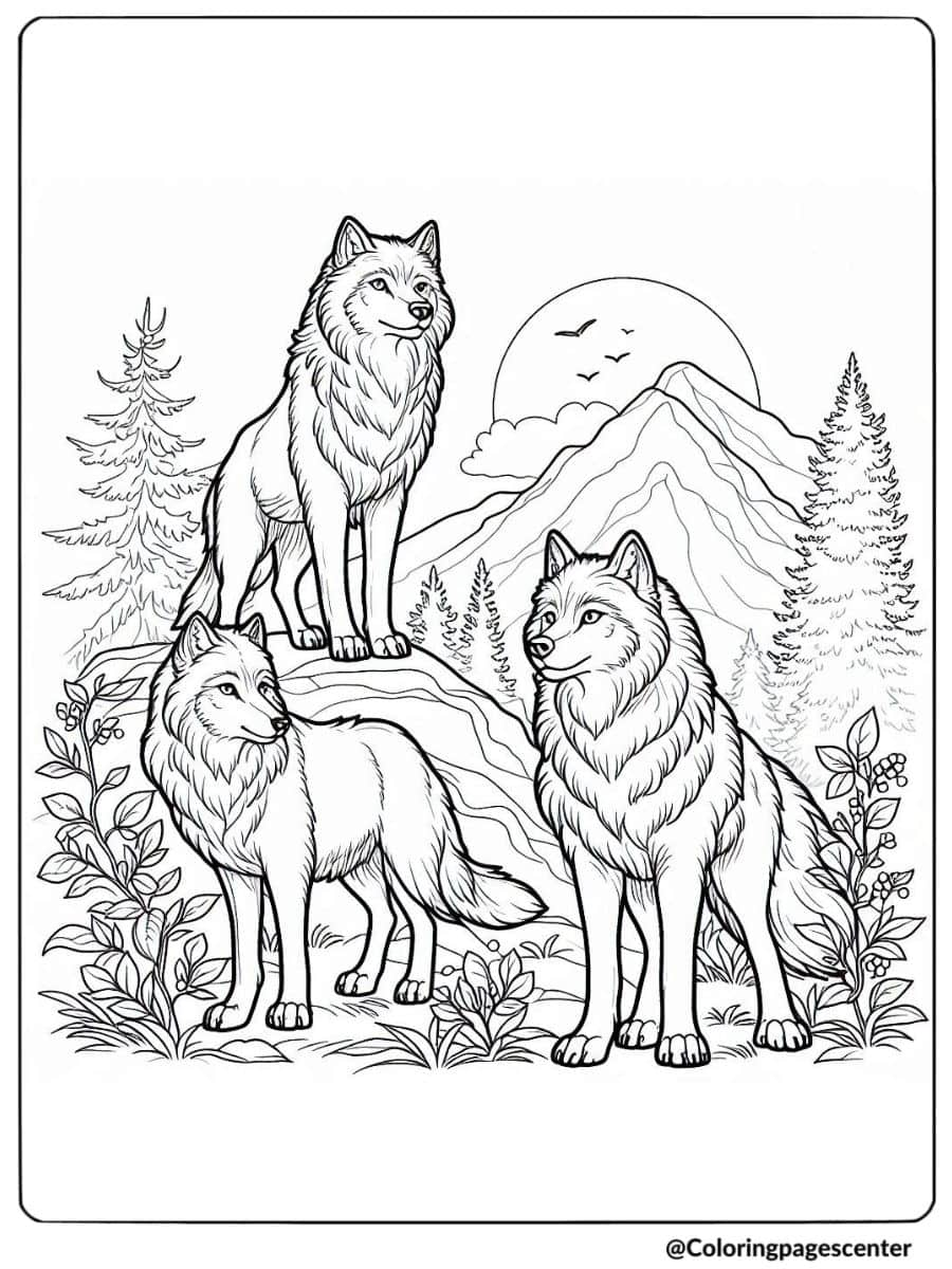 Wolf pack coloring page of wolves on a rocky mountain