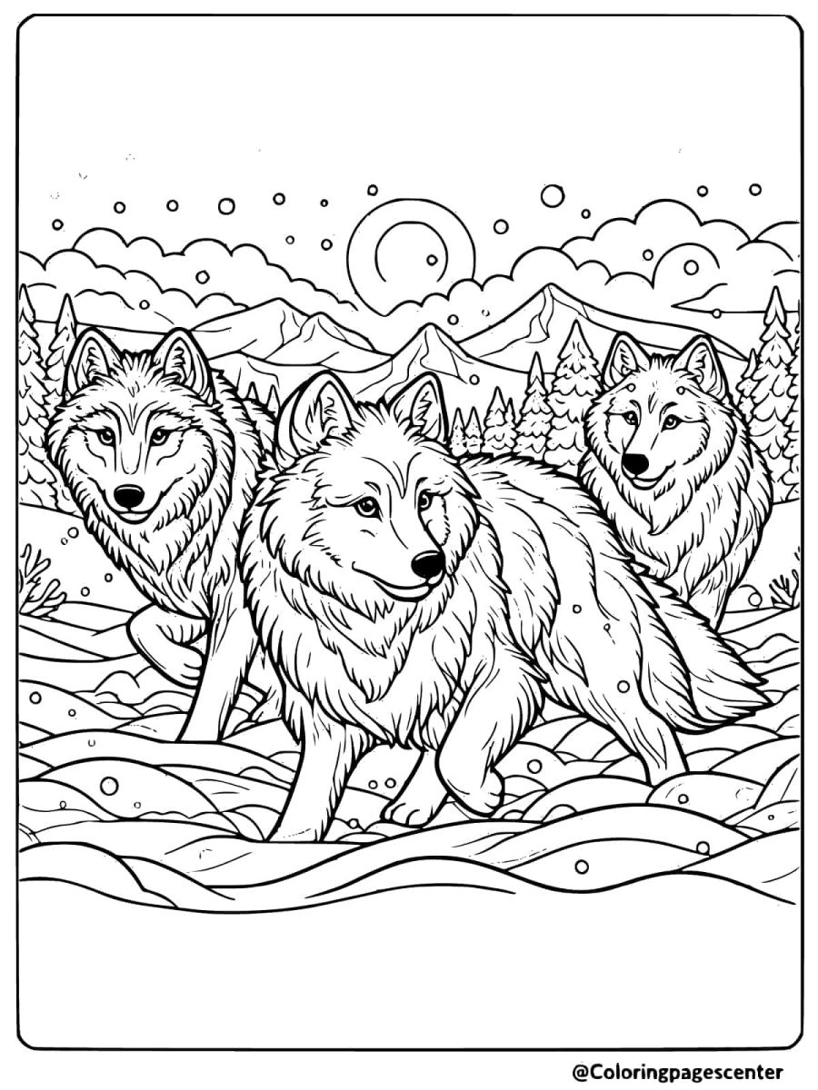 Wolf pack coloring page with wolves in a snowy landscape