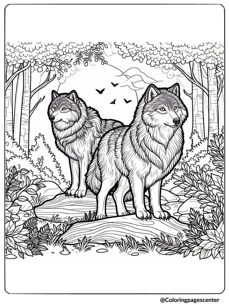 Wolf pack coloring page of two wolves in a quiet forest