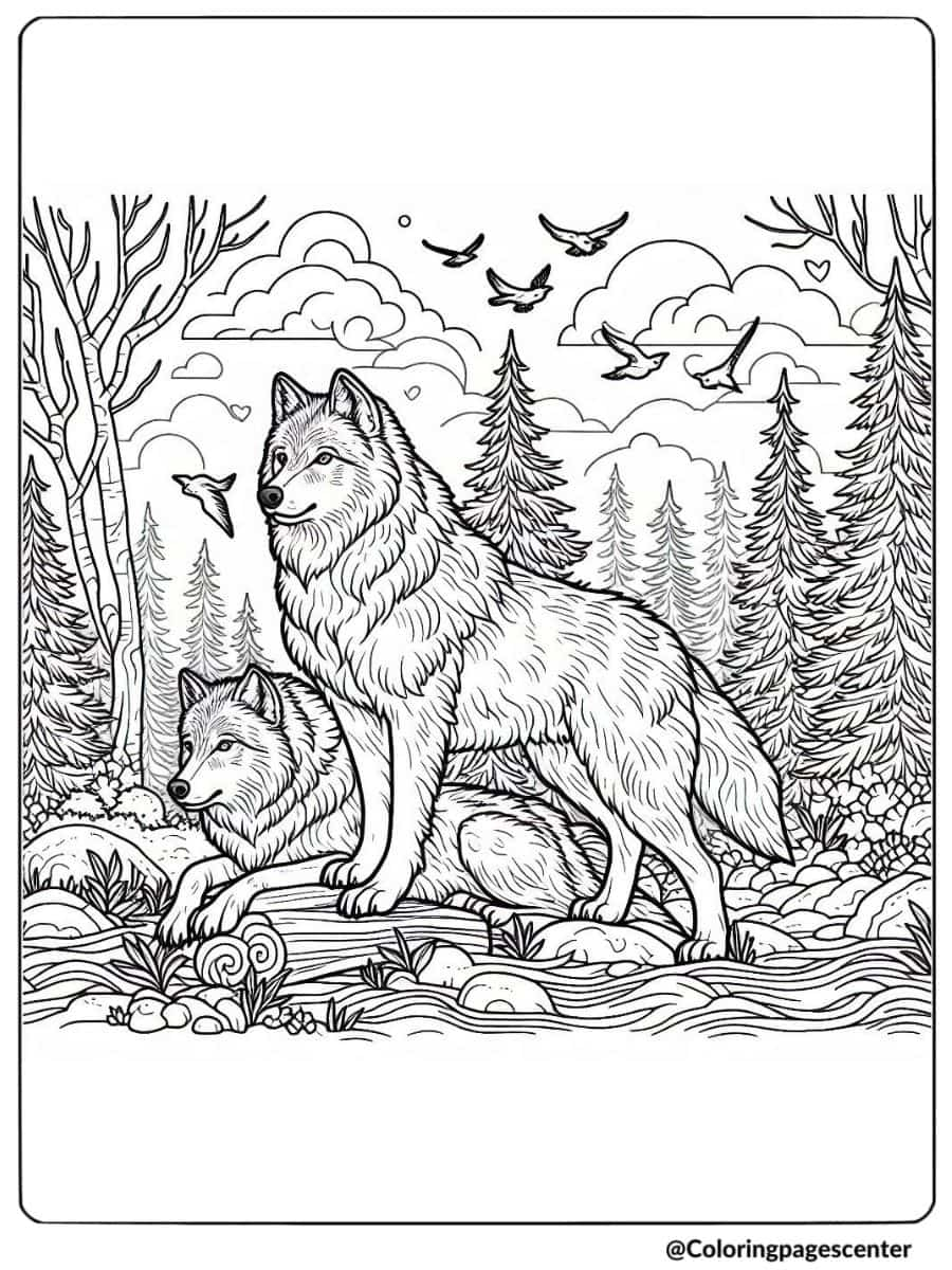 Wolf pack coloring page depicting wolves resting by a forest