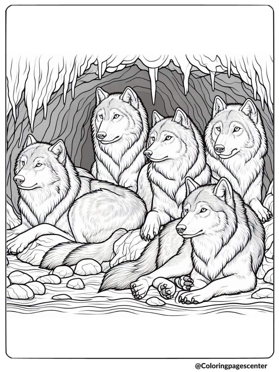 Wolf pack coloring page featuring wolves resting in a cave