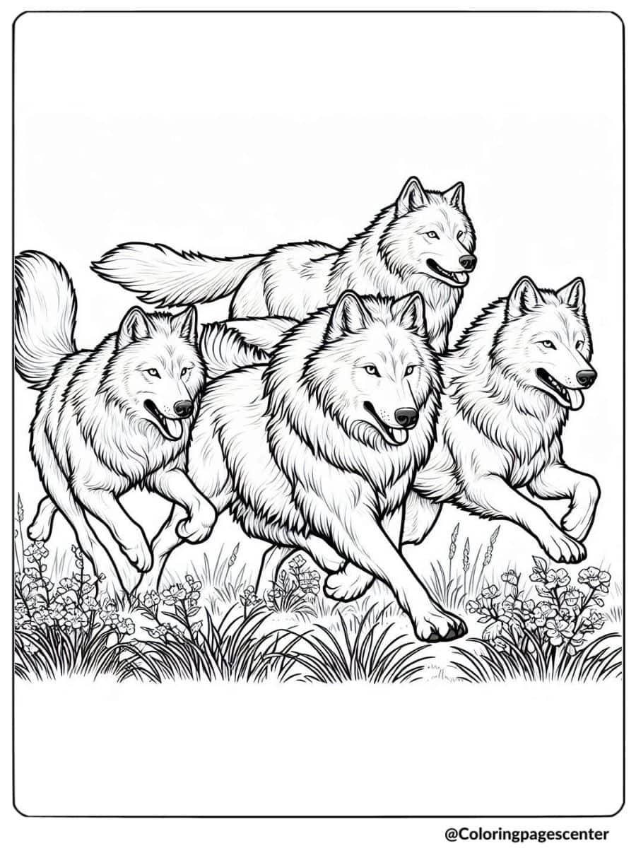 Wolf pack coloring page showing wolves running in a meadow