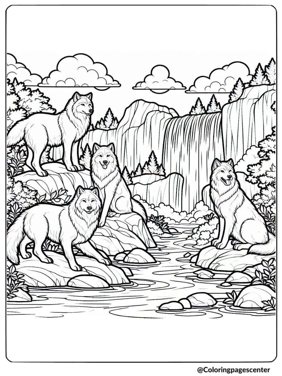 Wolf pack coloring page with wolves near a waterfall