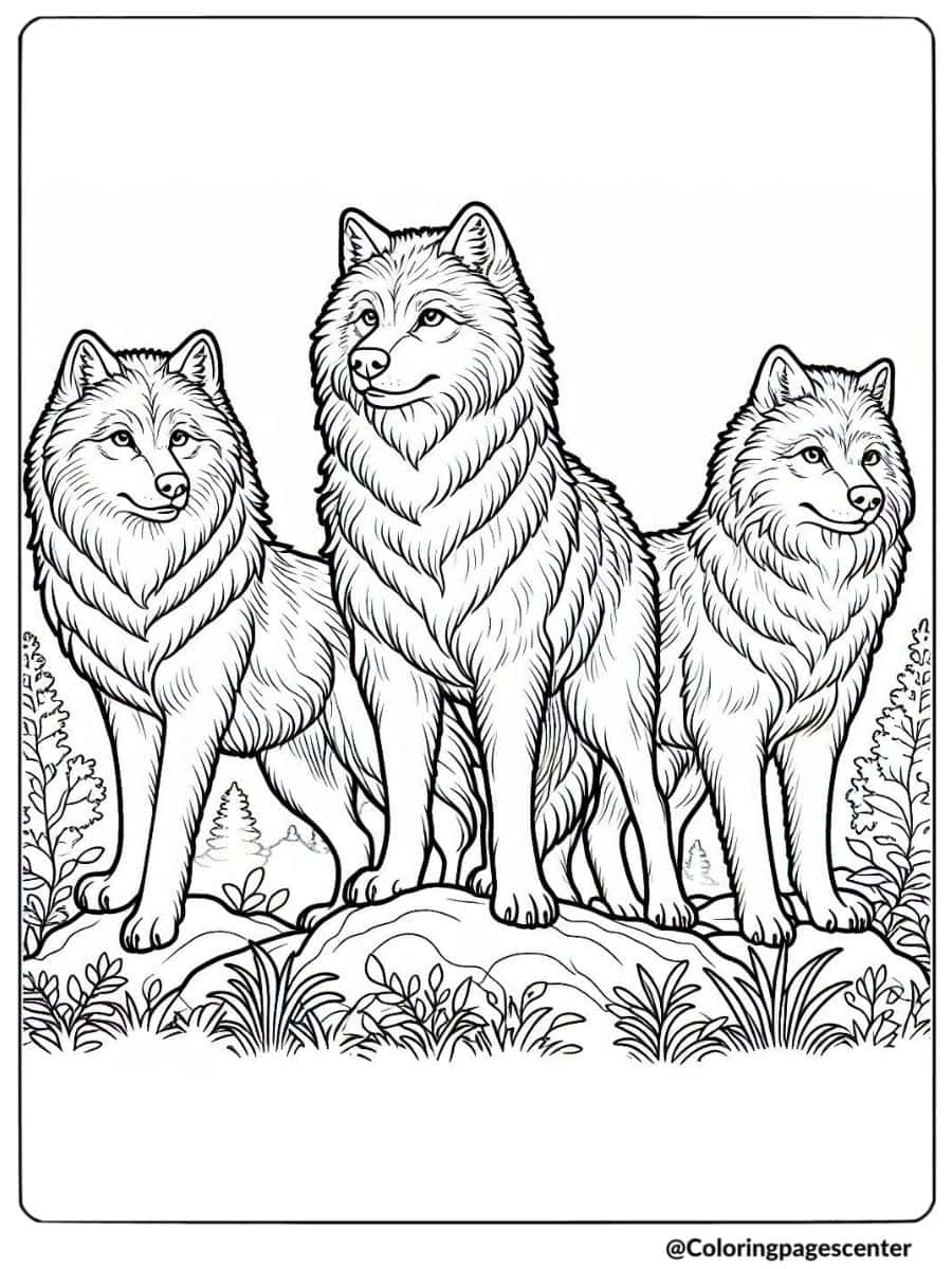 Wolf pack coloring page showing three wolves on a hill