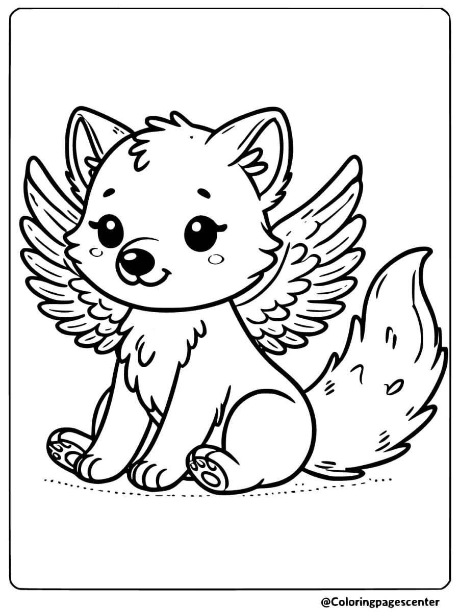 Cute wolf with wings coloring page to print