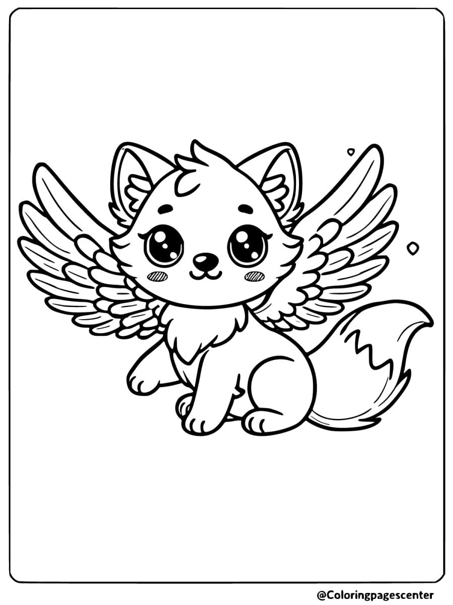 Cute wolf with wings in a playful pose coloring page