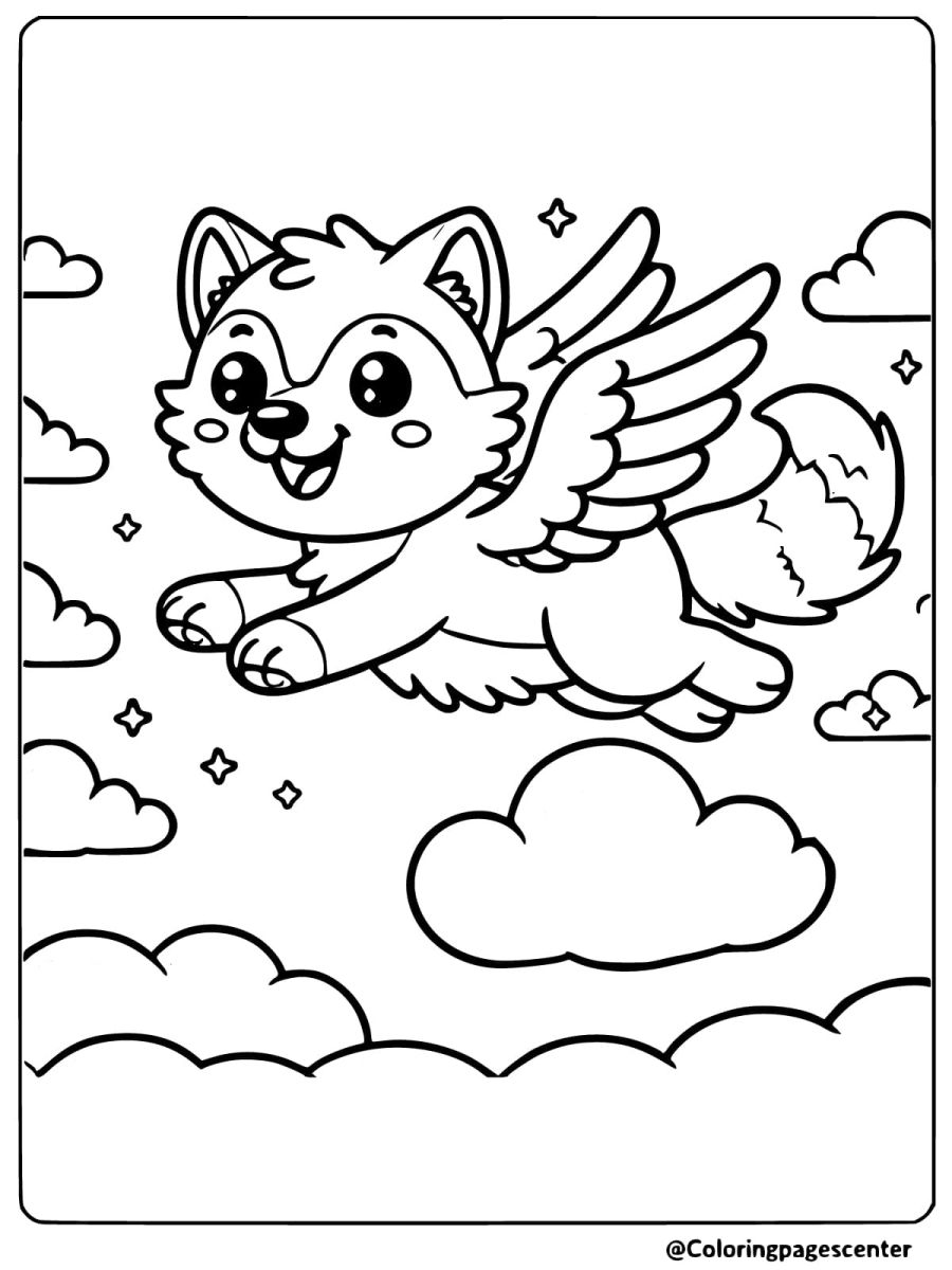 Wolf with wings soaring in the sky coloring page