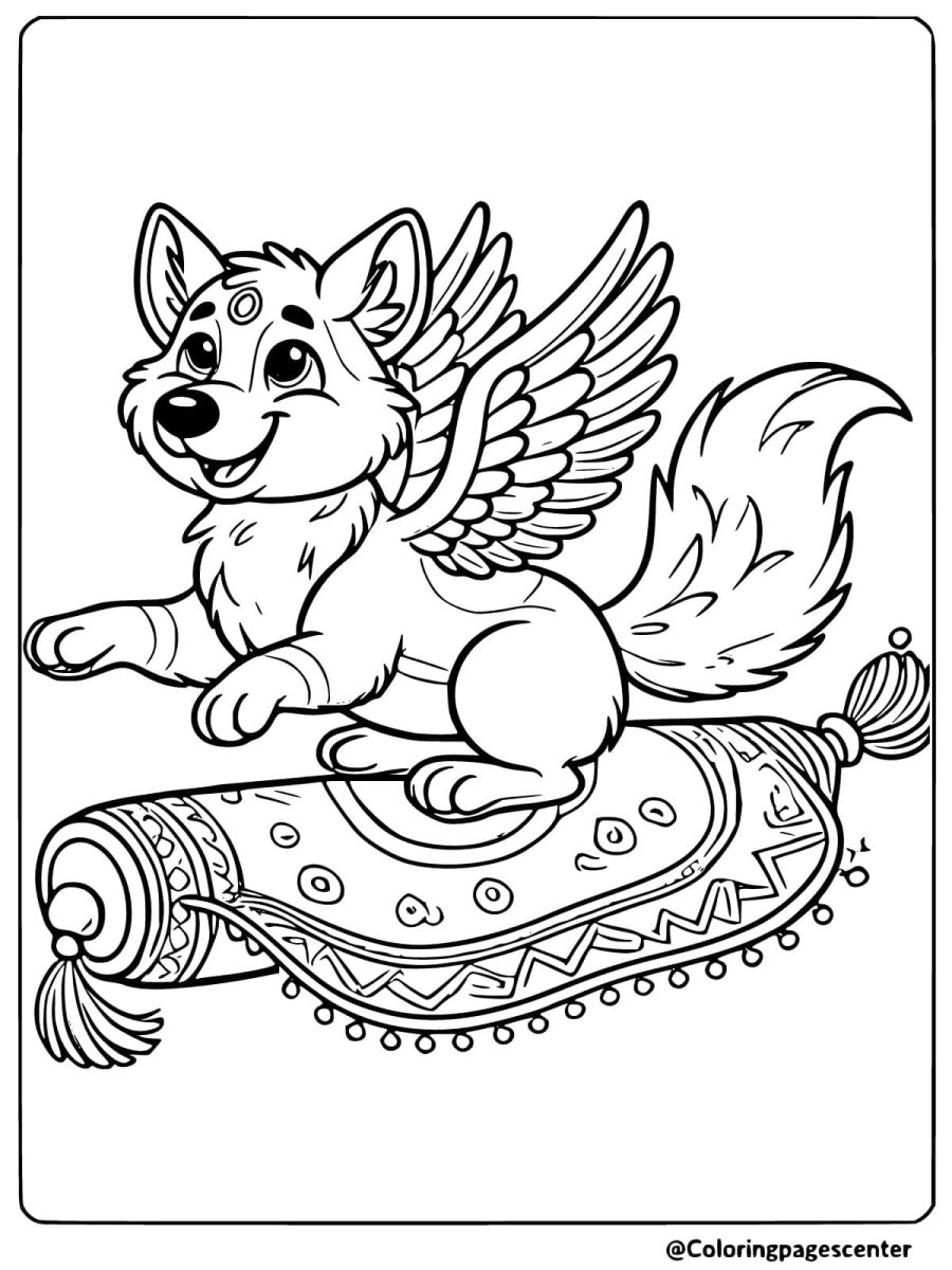 Wolf with wings on magic carpet coloring page