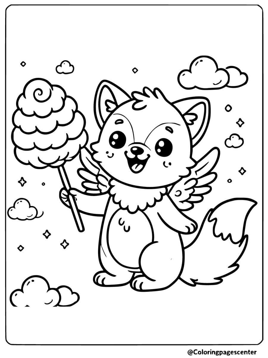 Winged wolf holding cotton candy coloring page