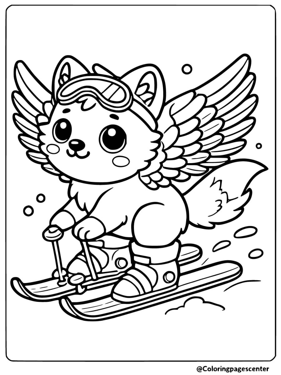 Wolf skiing with wings coloring page for kids