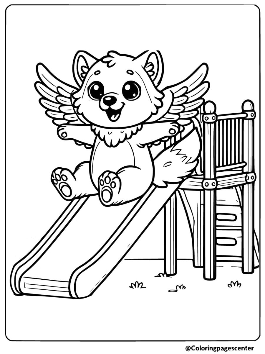 Winged wolf playing on slide coloring page