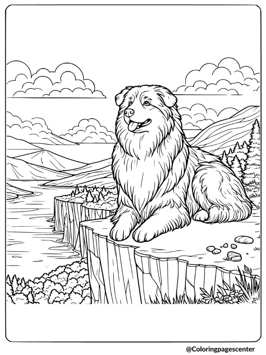 Australian Shepherd sitting on a cliff coloring page