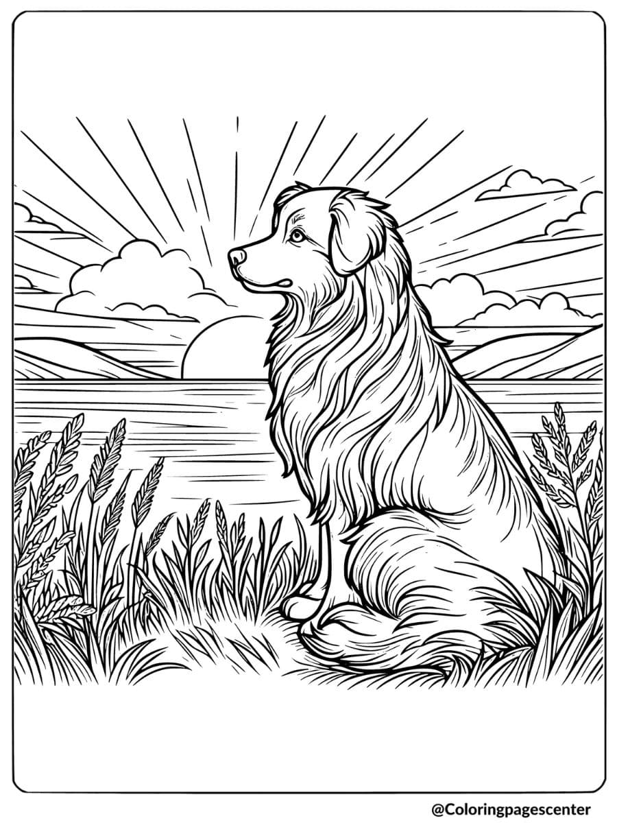 Australian Shepherd watching sunset by the lake coloring page