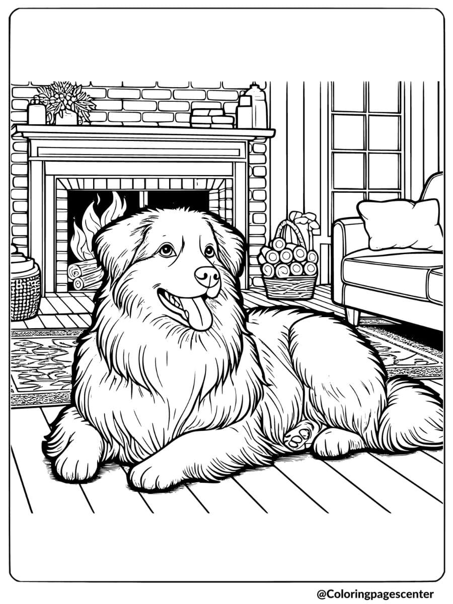 Australian Shepherd relaxing by the fire coloring page