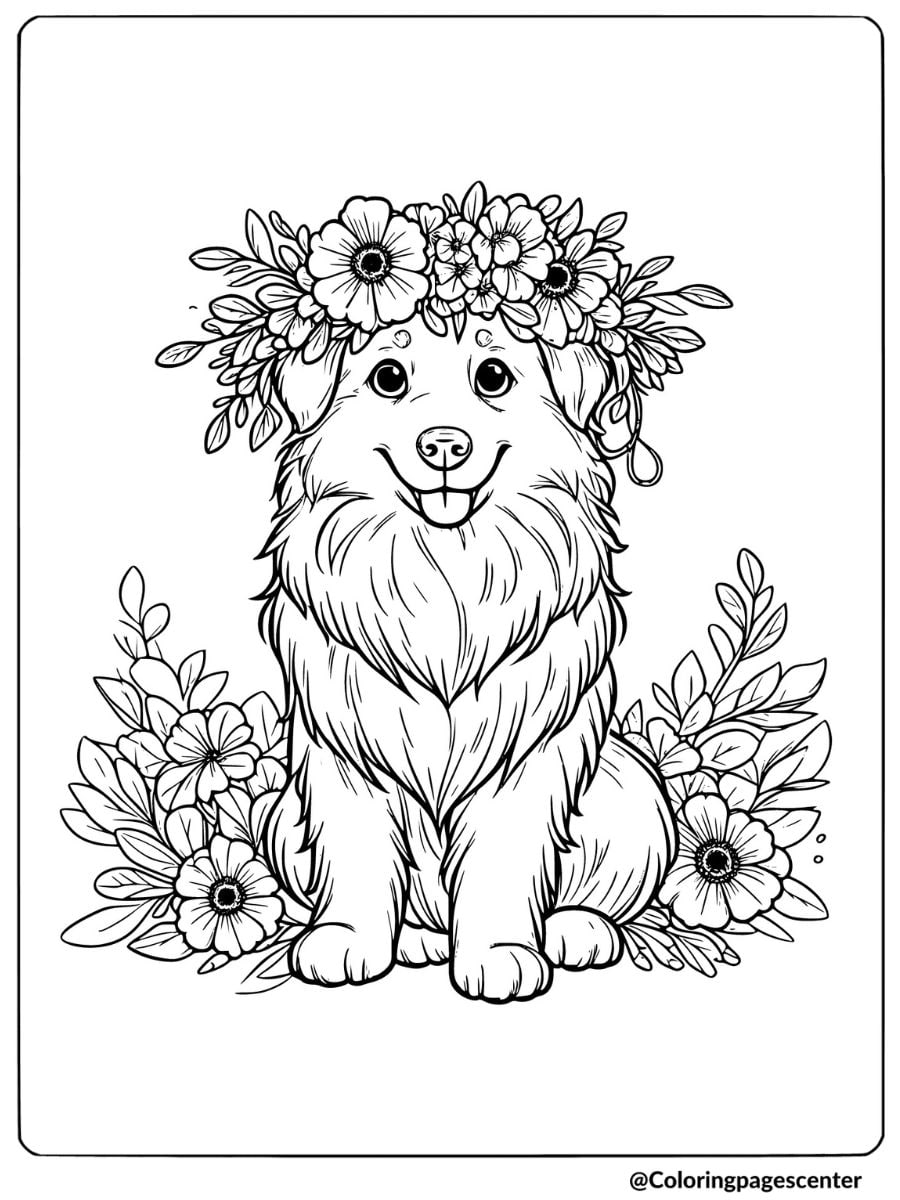 Australian Shepherd with flower crown coloring page