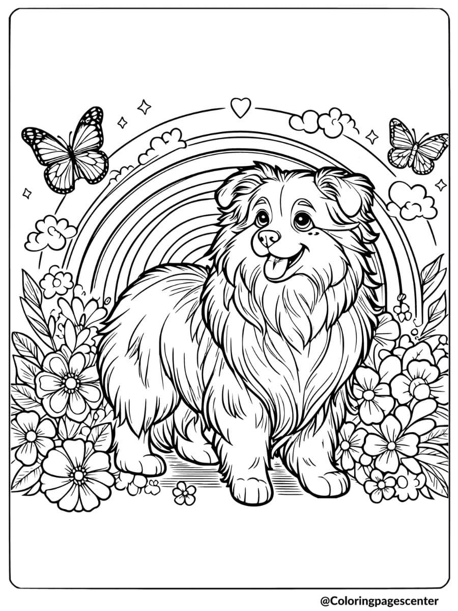 Australian Shepherd with flowers and rainbow coloring page