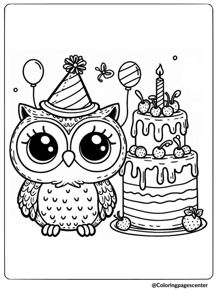 Baby owl with birthday hat and cake coloring page