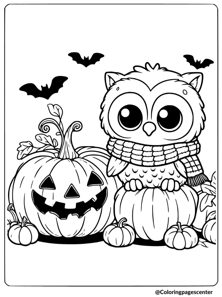 Baby owl with jack-o'-lantern and bats coloring page