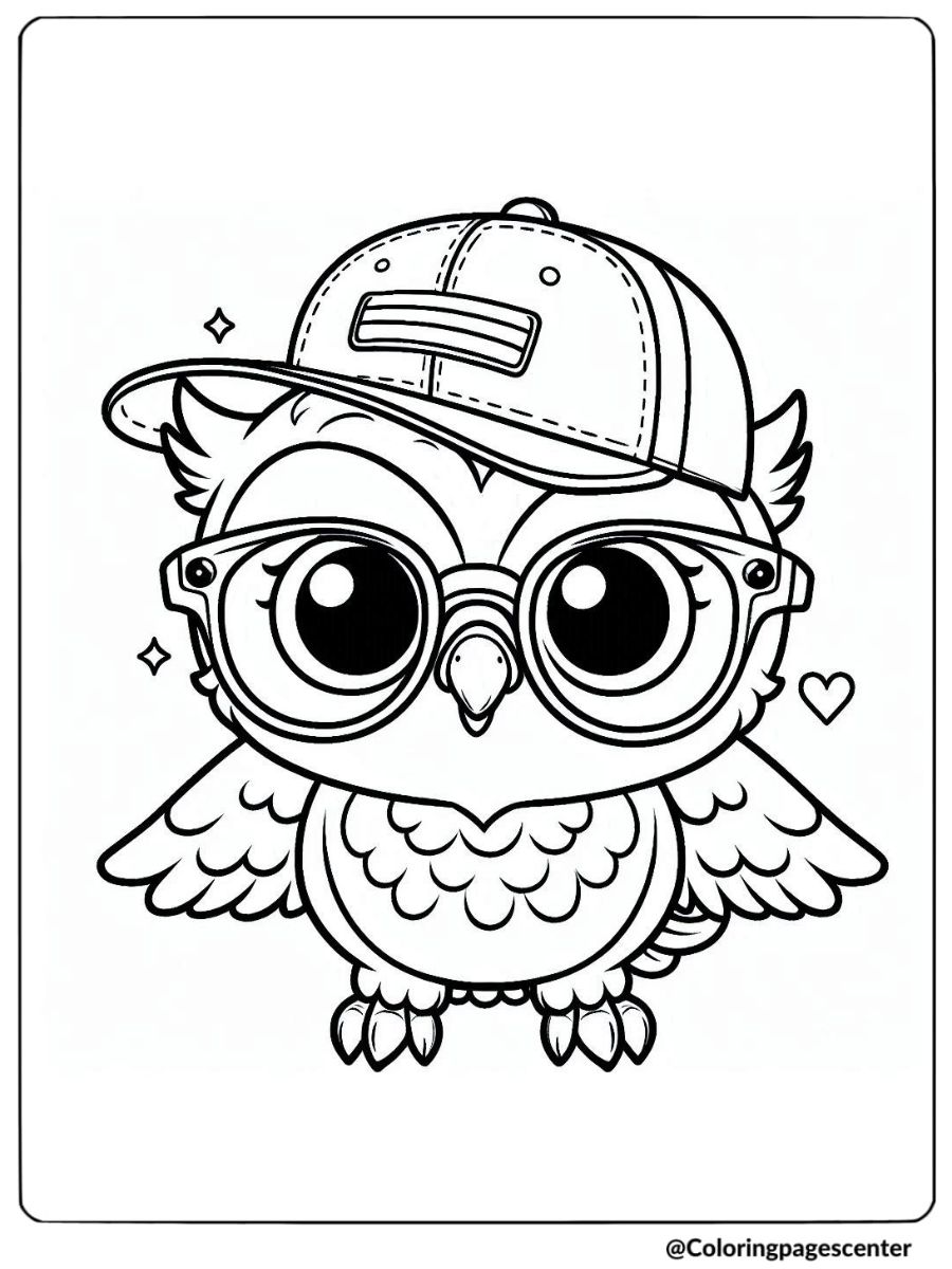 Baby owl wearing a cap and glasses coloring page