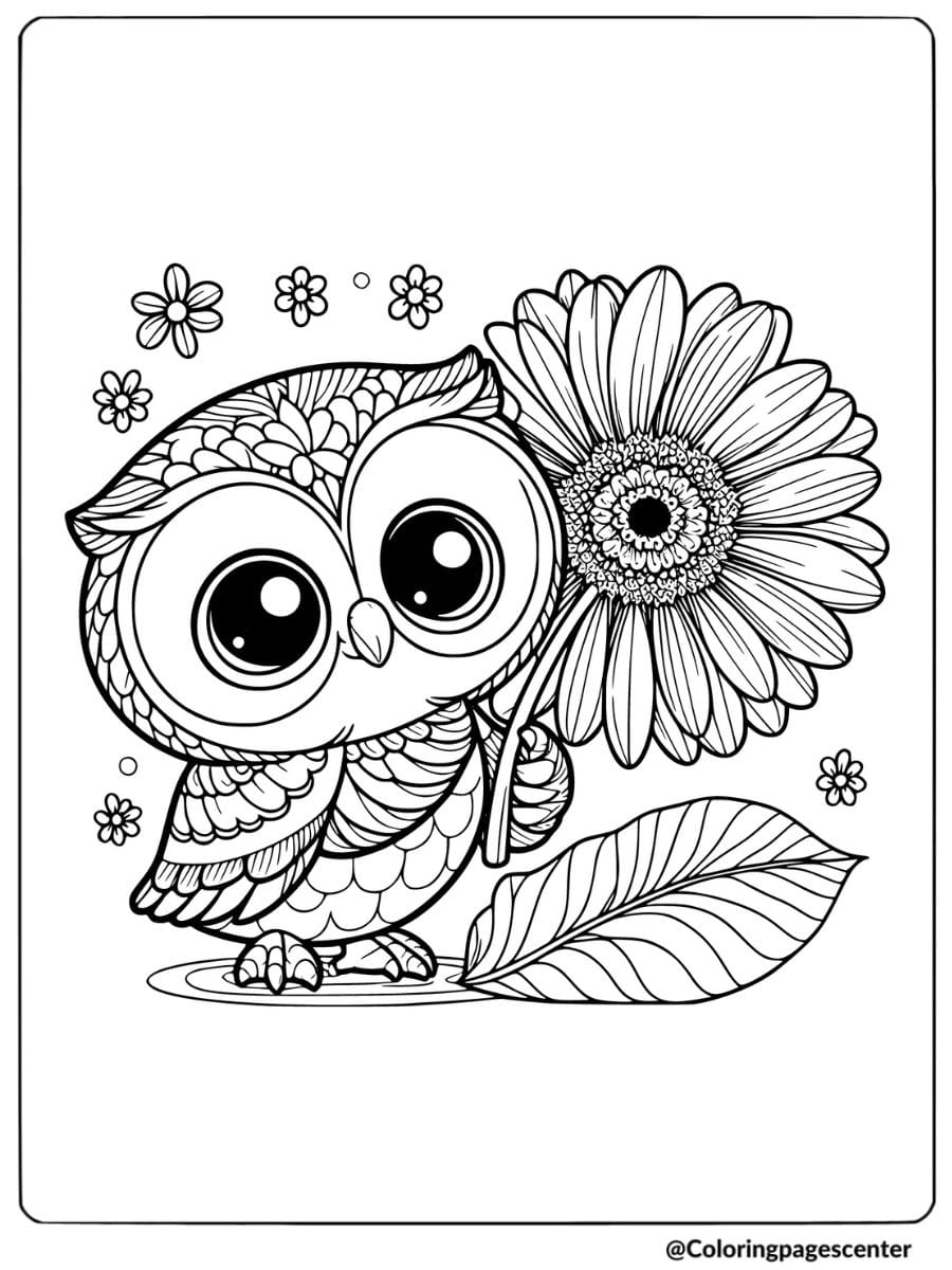 Cute owl with a large flower coloring page