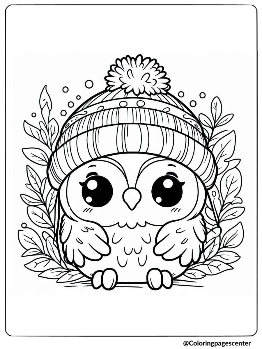 Cute owl in winter hat surrounded by leaves coloring page