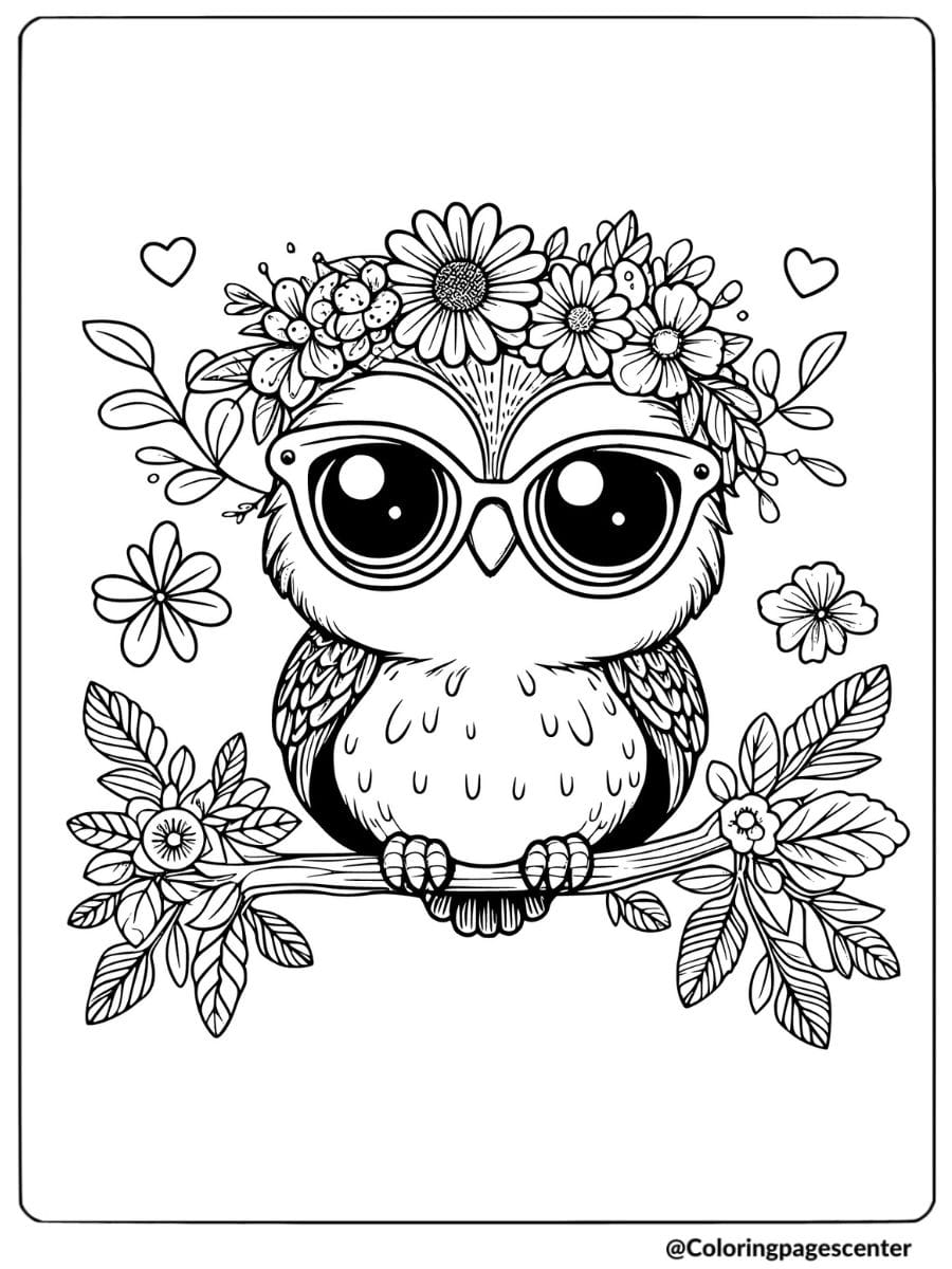 Cute owl wearing glasses and flower crown coloring page