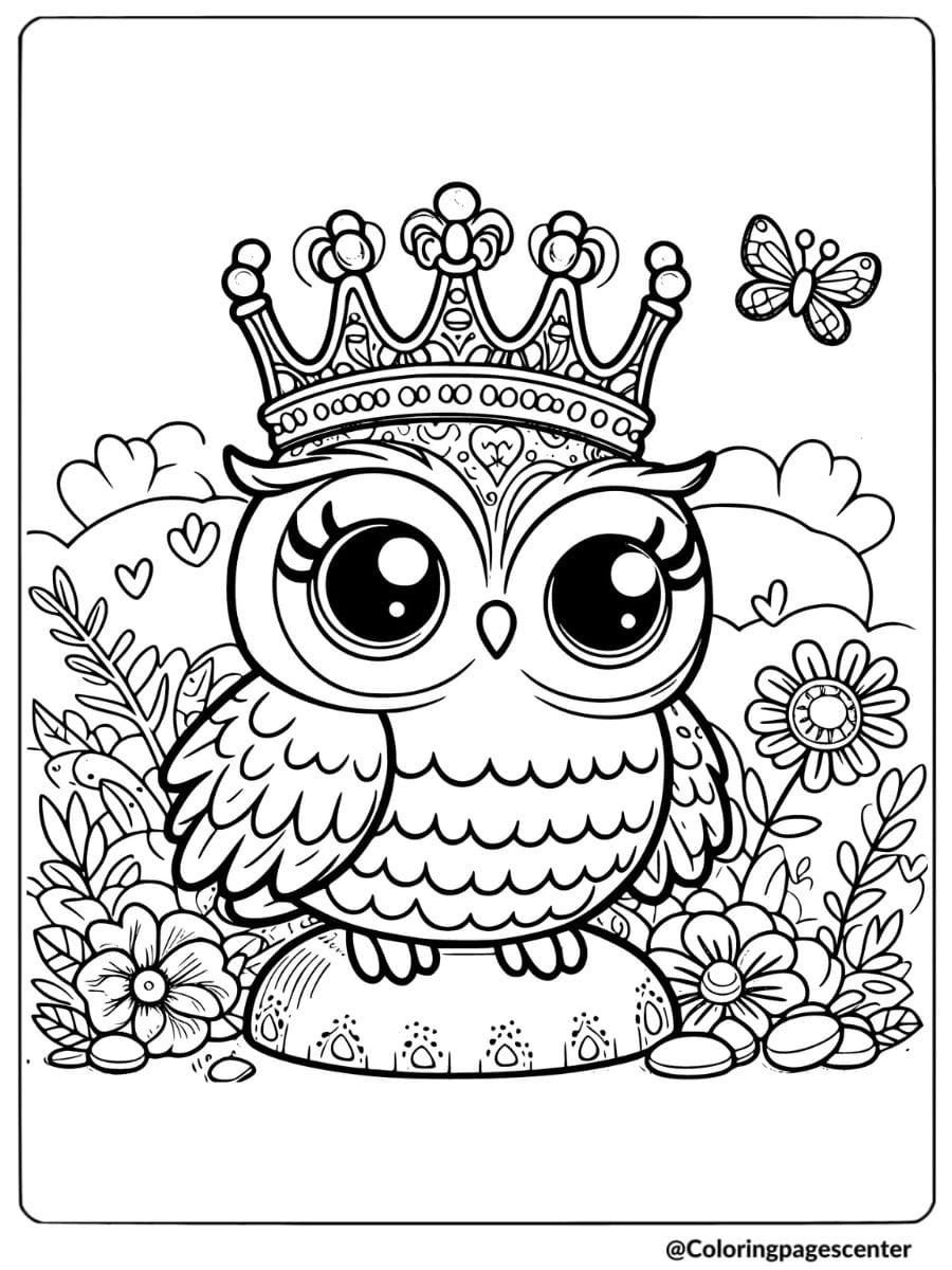 Cute owl wearing a crown in a garden coloring page