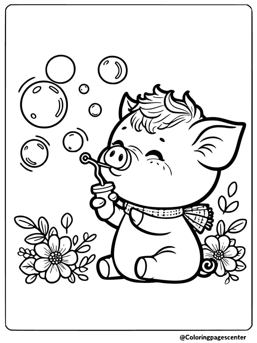 Piggy blowing bubbles with flowers coloring page