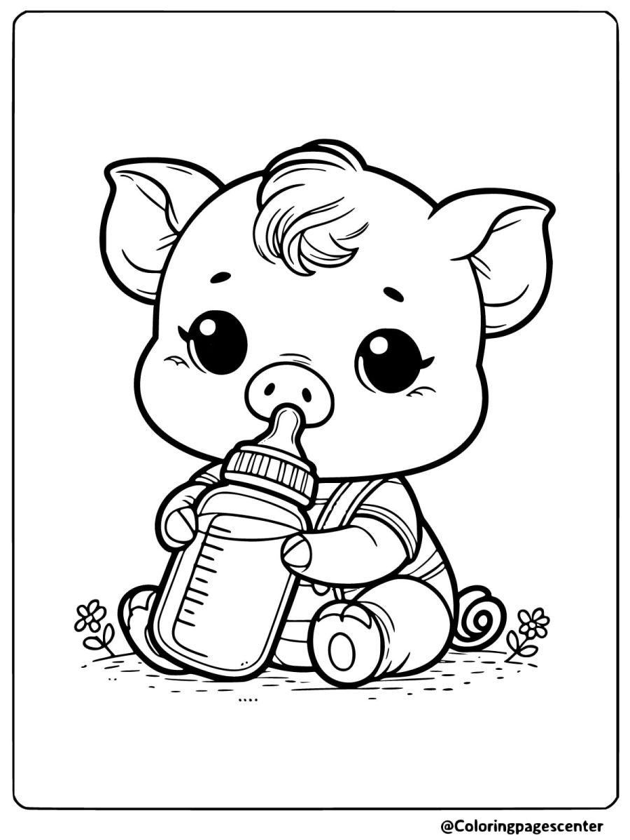 Piggy holding a bottle and sitting coloring page