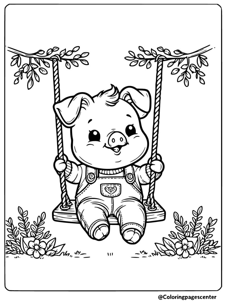 Piggy sitting on a swing enjoying nature coloring page