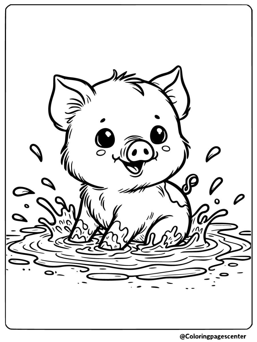 Piggy having fun splashing in a water puddle coloring page