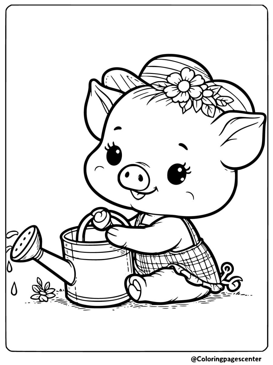 Piggy watering flowers with a can coloring page