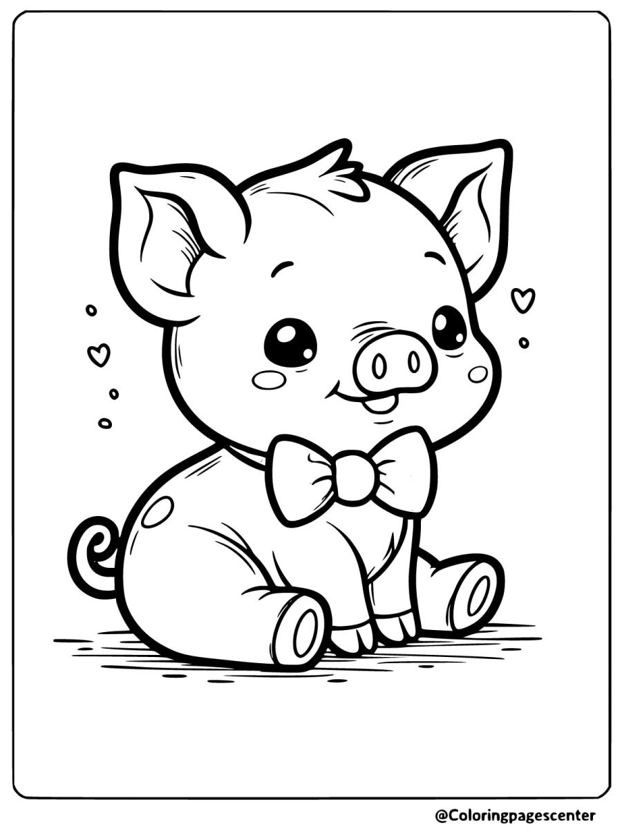 Piggy wearing a bowtie and sitting cutely coloring page