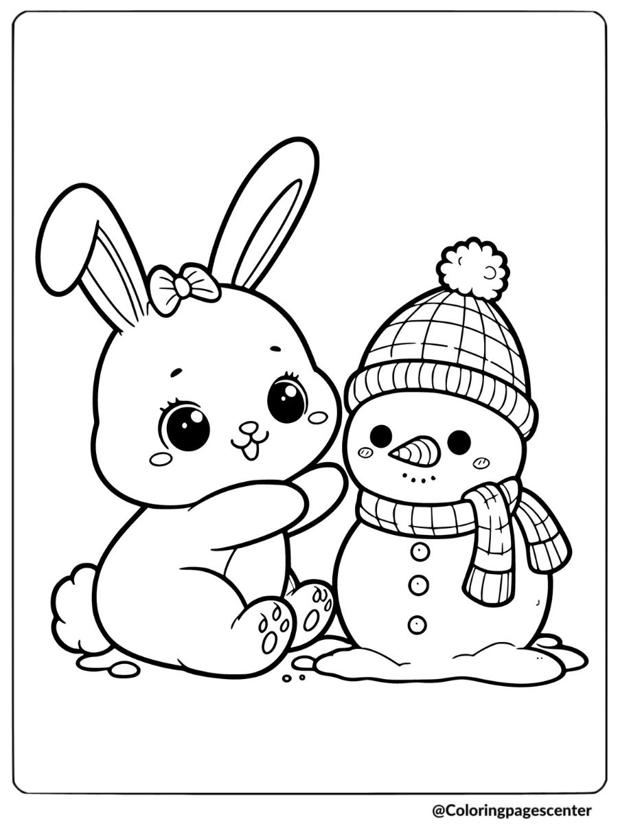 A baby rabbit building a snowman coloring page