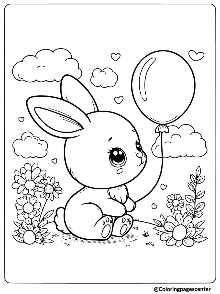 A baby rabbit holding a balloon coloring page