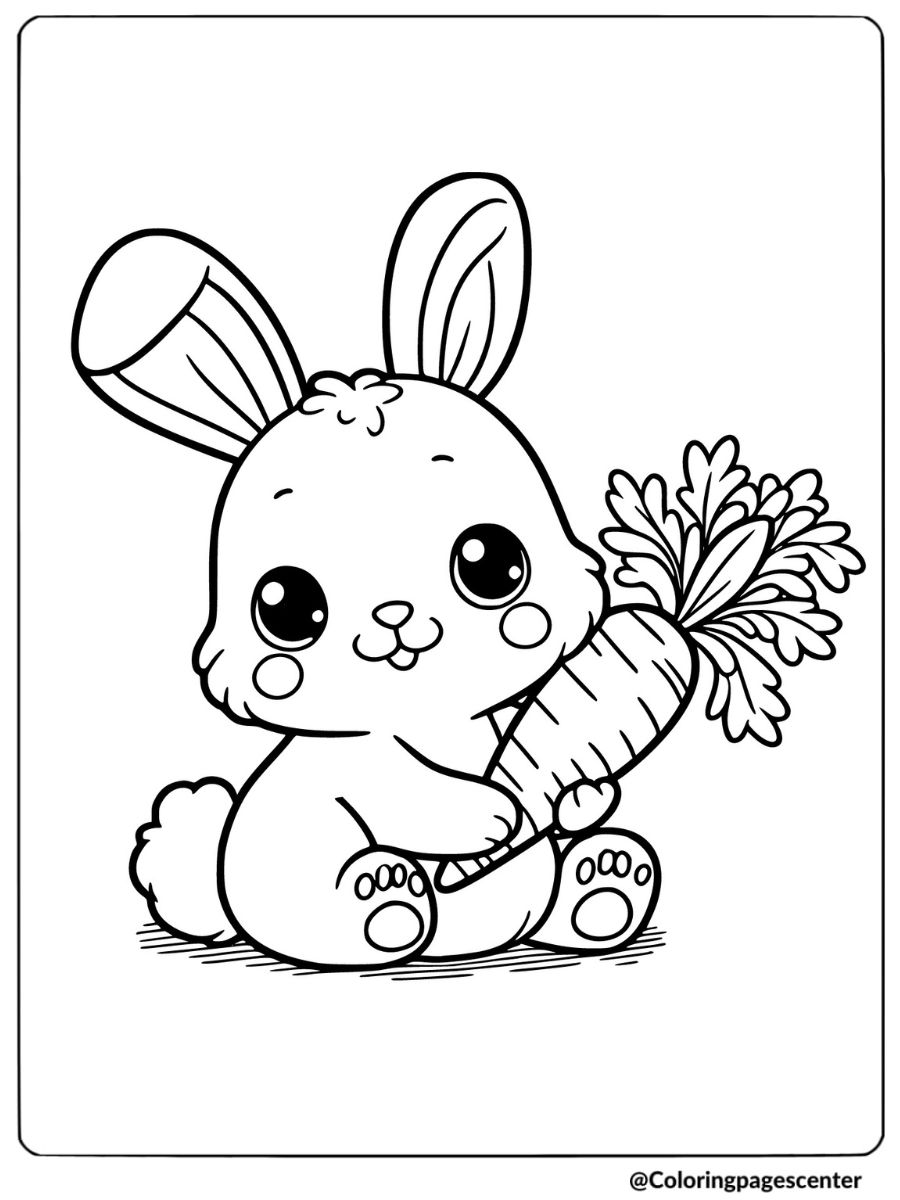 A baby rabbit holding a carrot coloring page