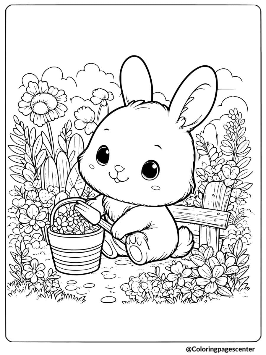 A baby rabbit collecting flowers in garden coloring page