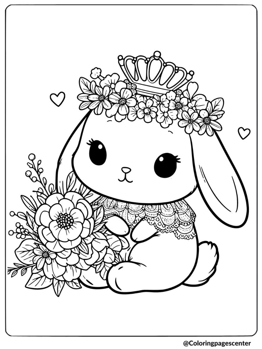 A baby rabbit wearing crown with flowers coloring page