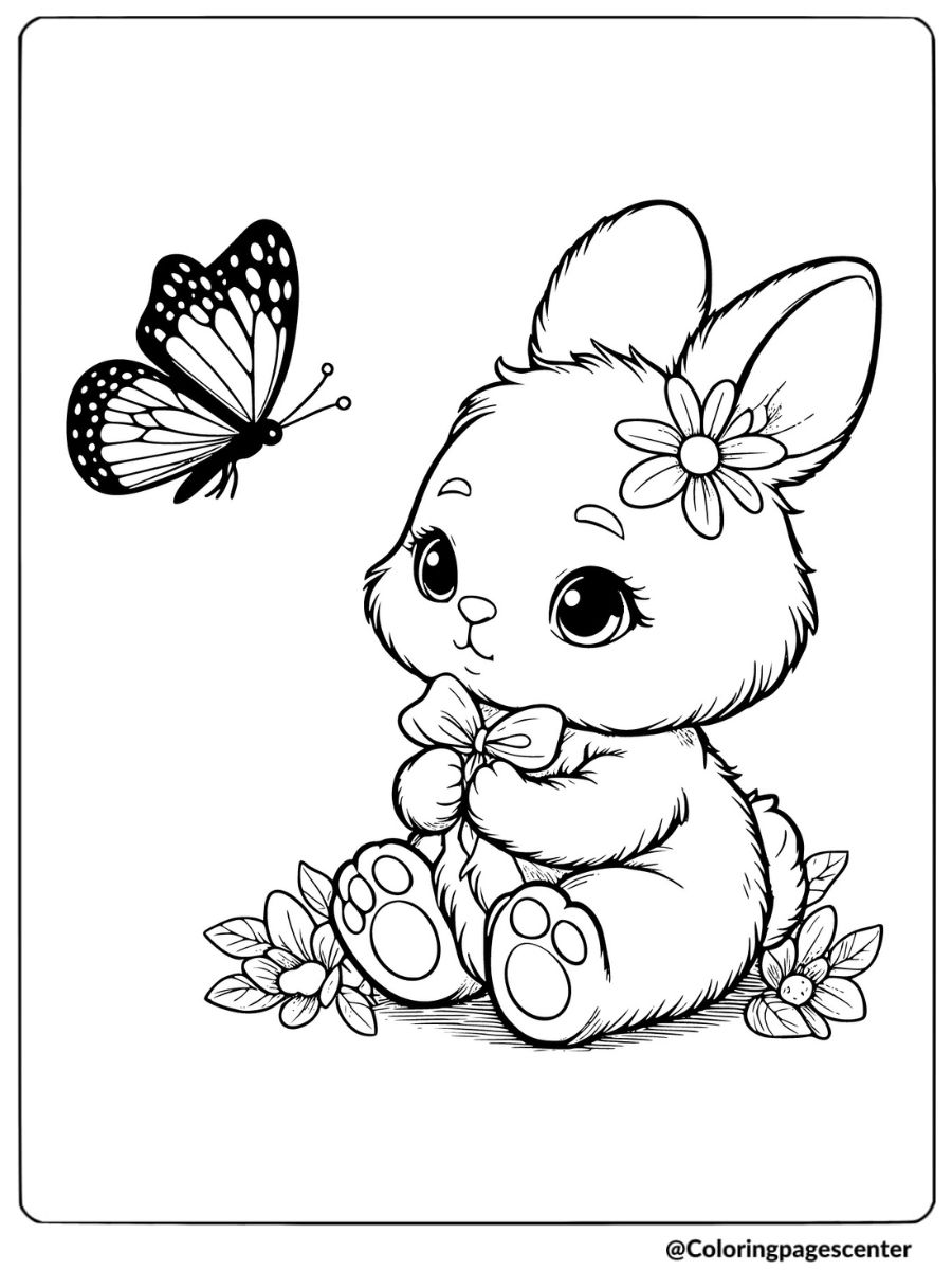 A baby rabbit looking at a butterfly coloring page