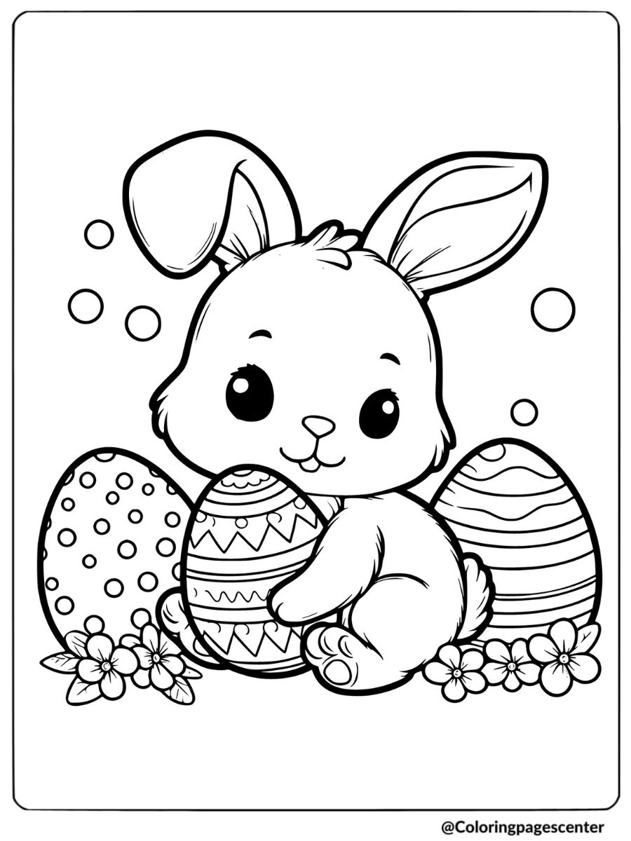 A baby rabbit with colorful Easter eggs coloring page