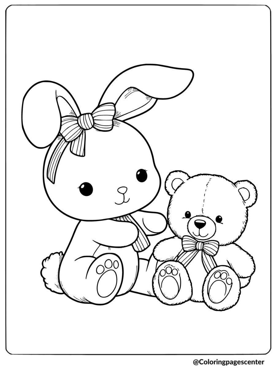 A baby rabbit sitting by a teddy bear coloring page