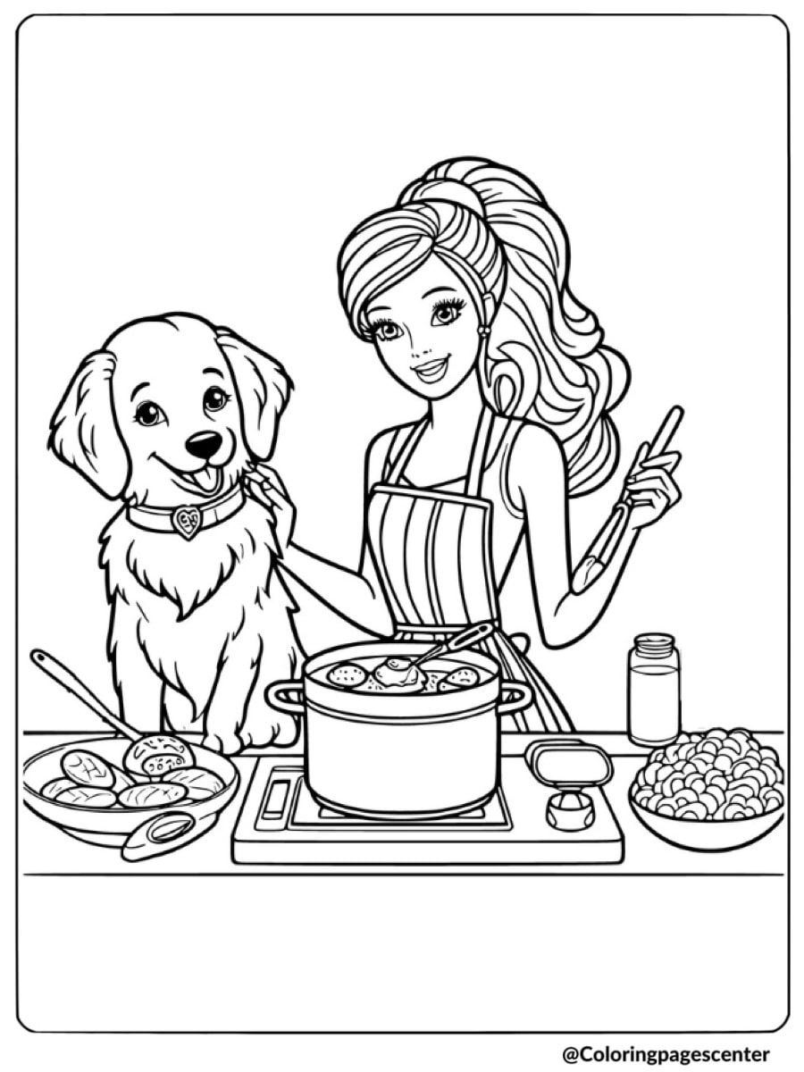 Barbie preparing food with her dog coloring page