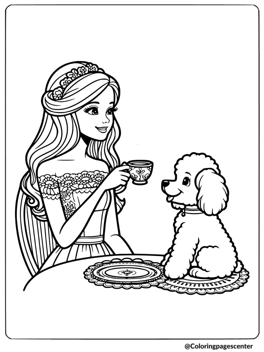 Barbie and her dog at a tea party coloring page